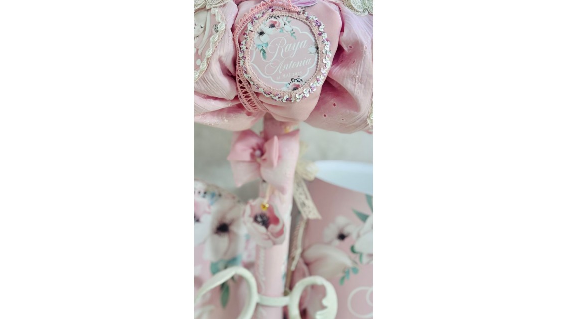 Lumanare de botez cu iepuras roz si pattern floral Happy Bunny 14